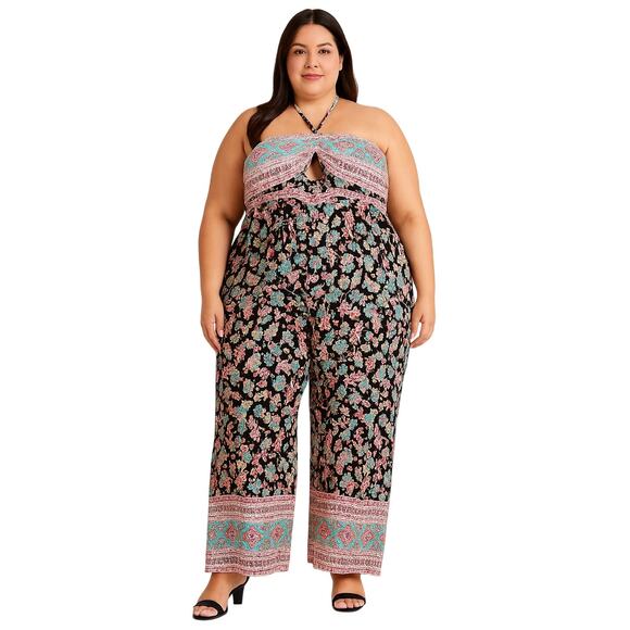 White Birch 2X Boho Floral Halter Wide-Leg Jumpsuit Smocked Bust, Built-In Bra - Picture 1 of 9
